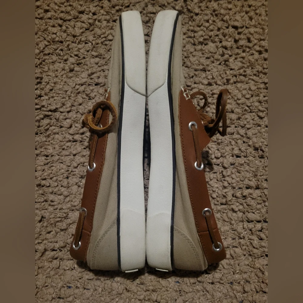 MENS RALPH LAUREN POLO RYLANDER BOAT CANVAS LEATHER UPPER SHOES KHAKI SZ 9.5D